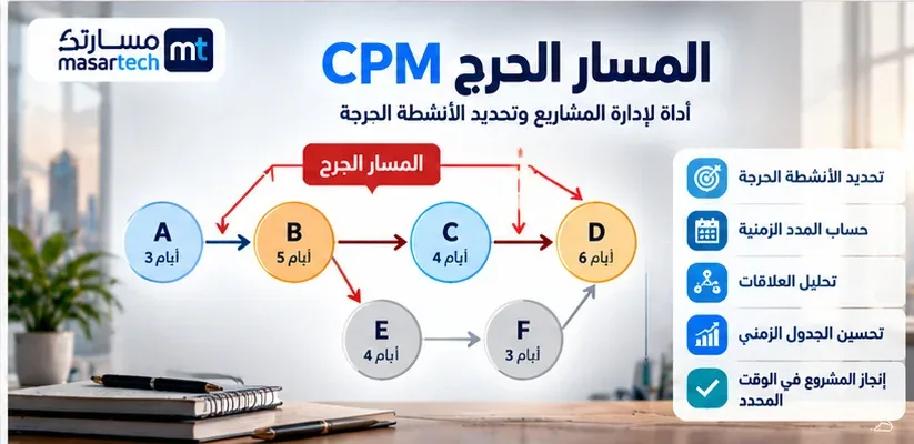 المسار الحرج CPM: حساب مدة المشروع والهامش بمثال محلول